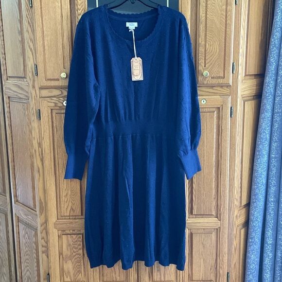 Fat Face Sarah Skater Navy Knit Long Puffy Sleeves Dress Academia Grannycore - Picture 2 of 8